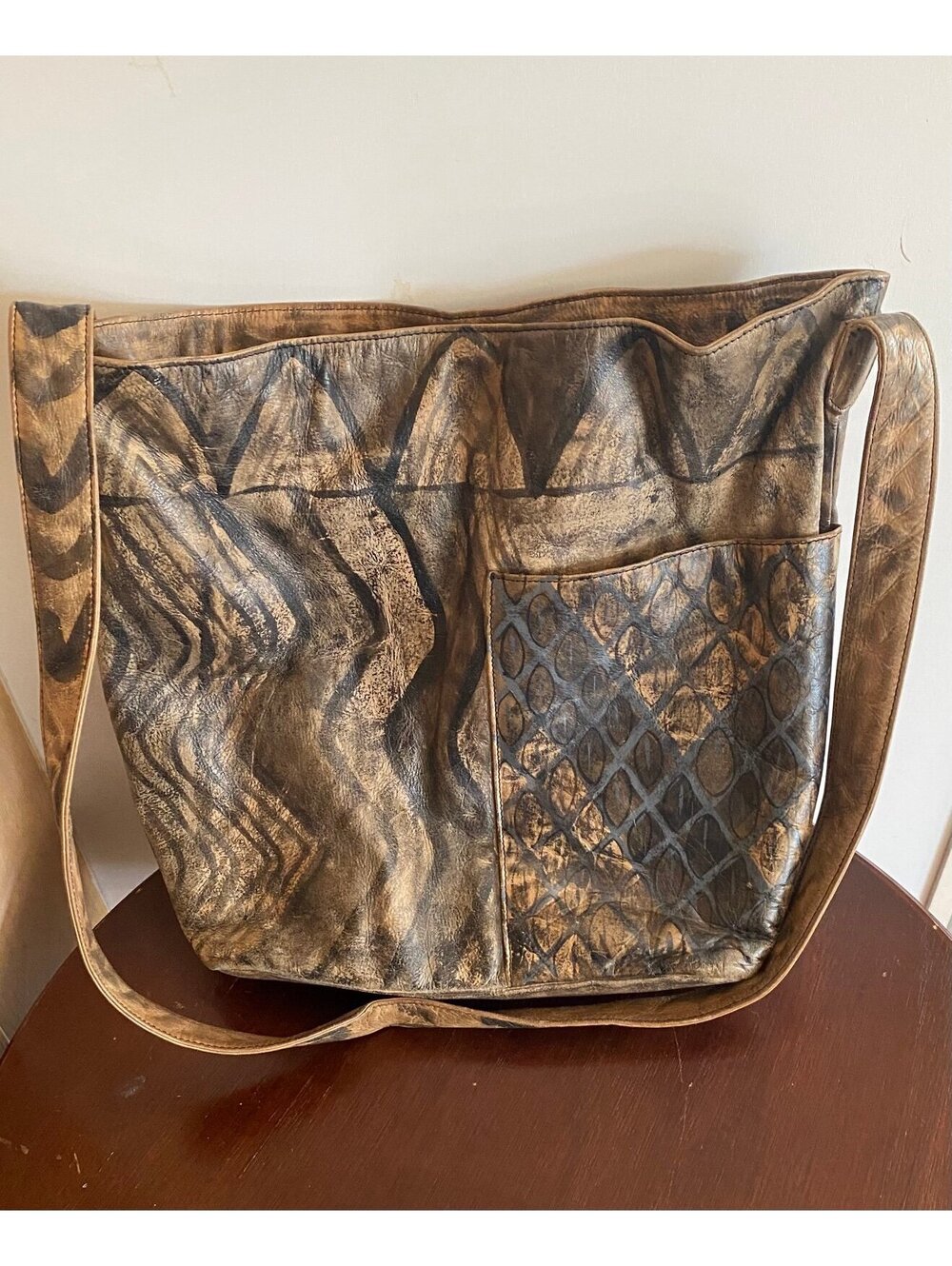 Vintage Jane Yoo Art Handpainted Signed Leather Bucket Handbag